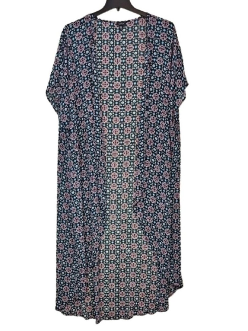 Torrid Black Teal Pink Medallion Print Kimono Duster Size 3/4 (3X/4X) Boho Beach